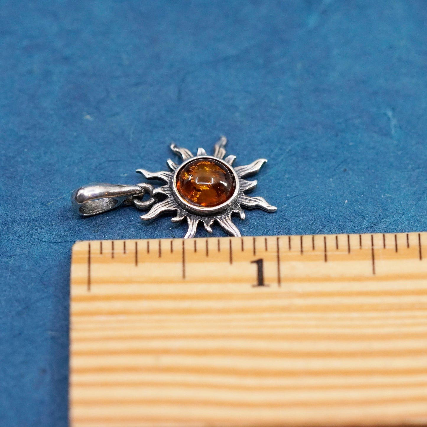 Vintage Sterling 925 silver handmade sun pendant with amber