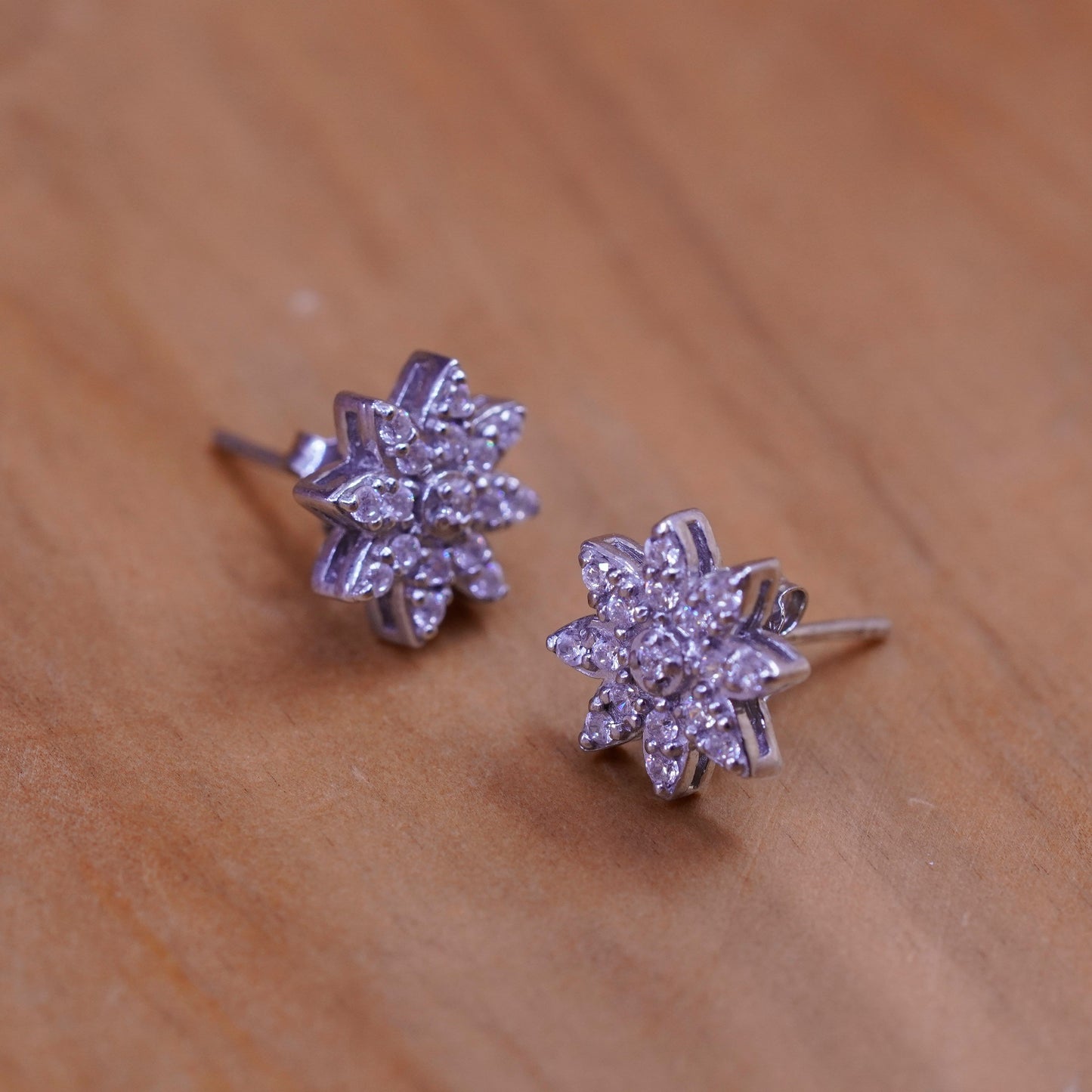 10mm, vintage Sterling silver clear round crystal flower studs, cz earrings