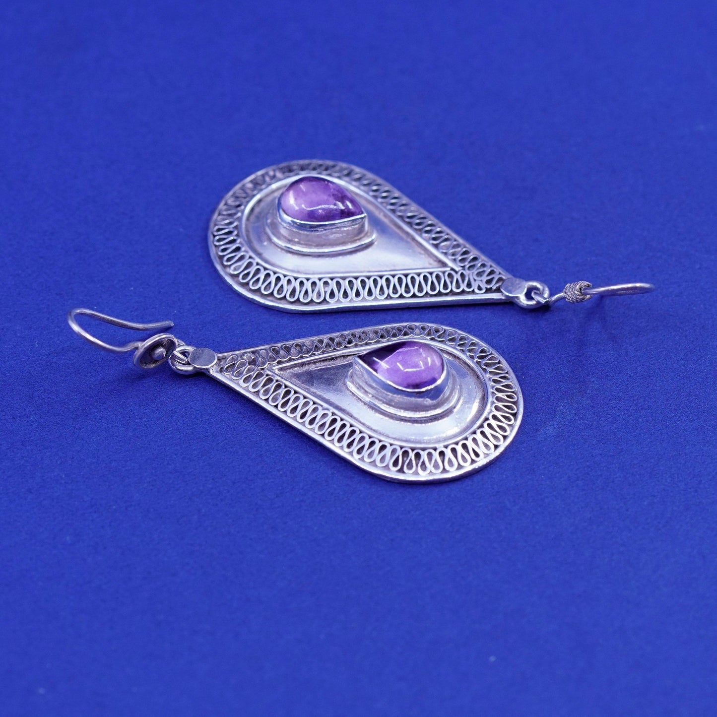 Vintage sterling 925 silver handmade earrings with teardrop amethyst