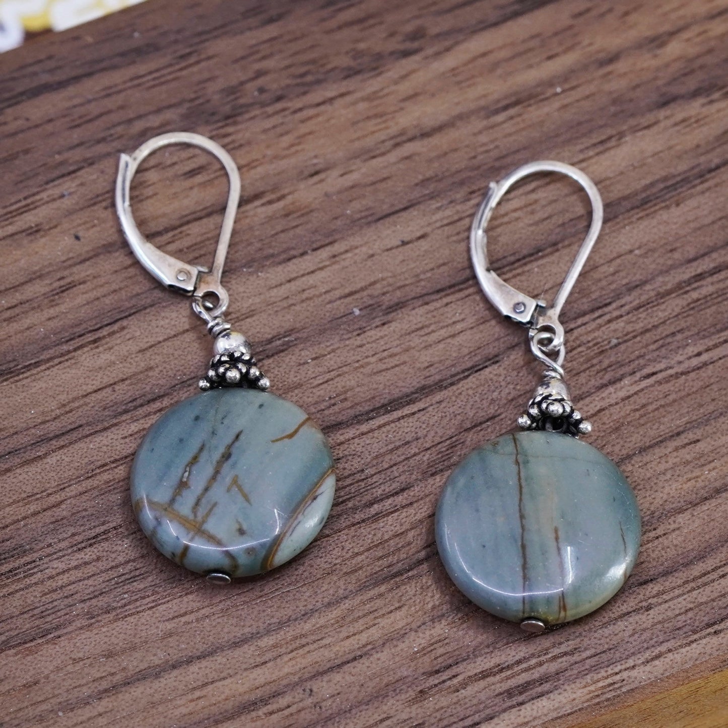 Vintage Sterling 925 silver handmade dangles with green jasper circle
