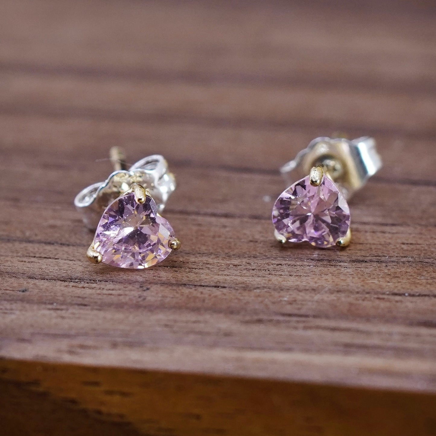 Vintage Sterling silver handmade earrings, 925 square studs with pink cz