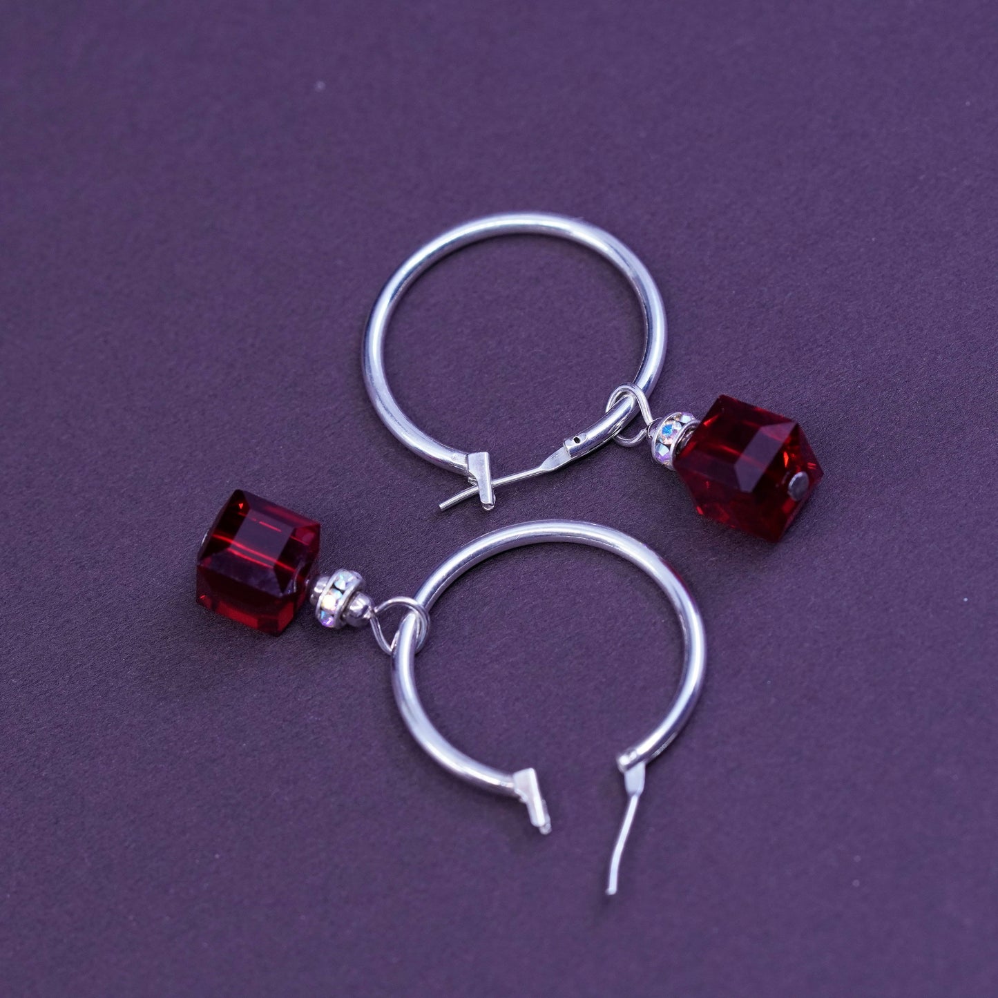 0.75”, vtg Sterling silver handmade hoops, 925 earrings with ruby cube and Cz