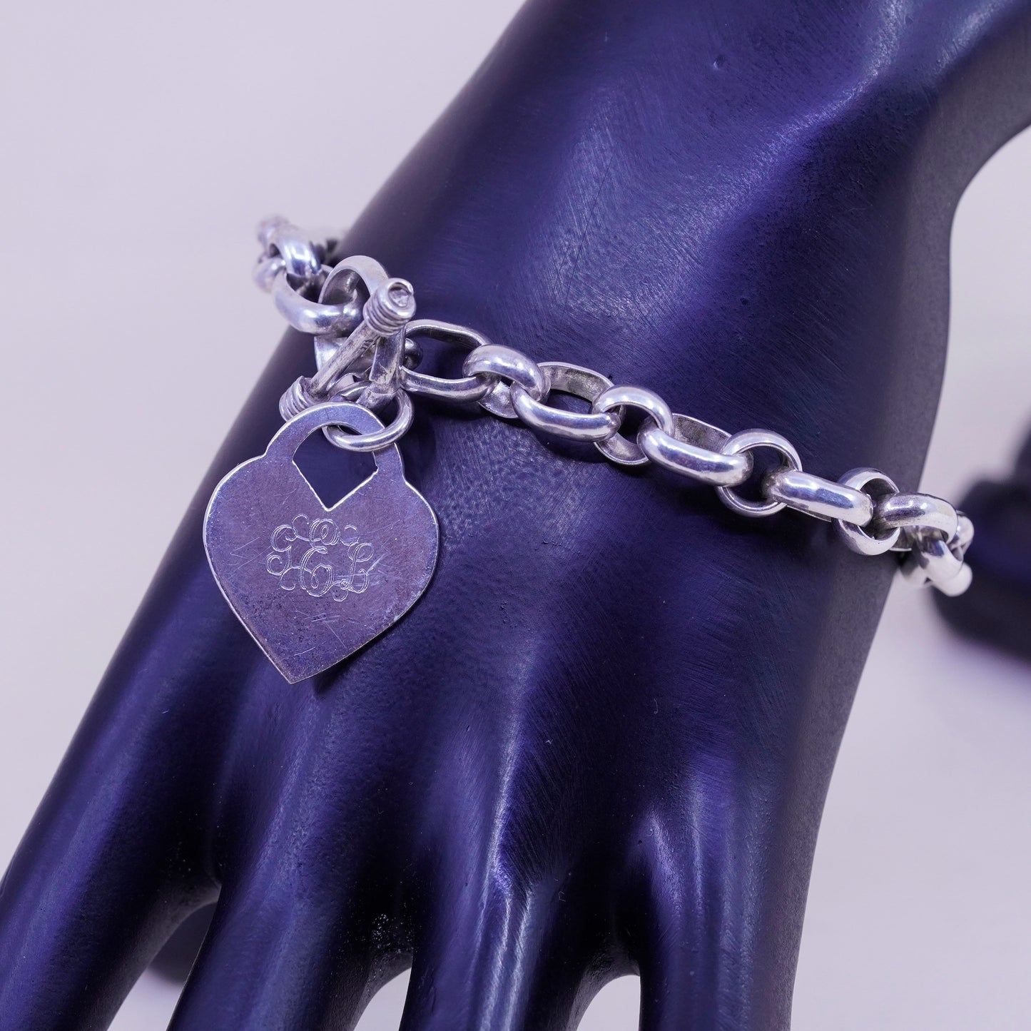 7”, 8mm, Vintage sterling 925 silver circle bracelet monogram GEL heart charm