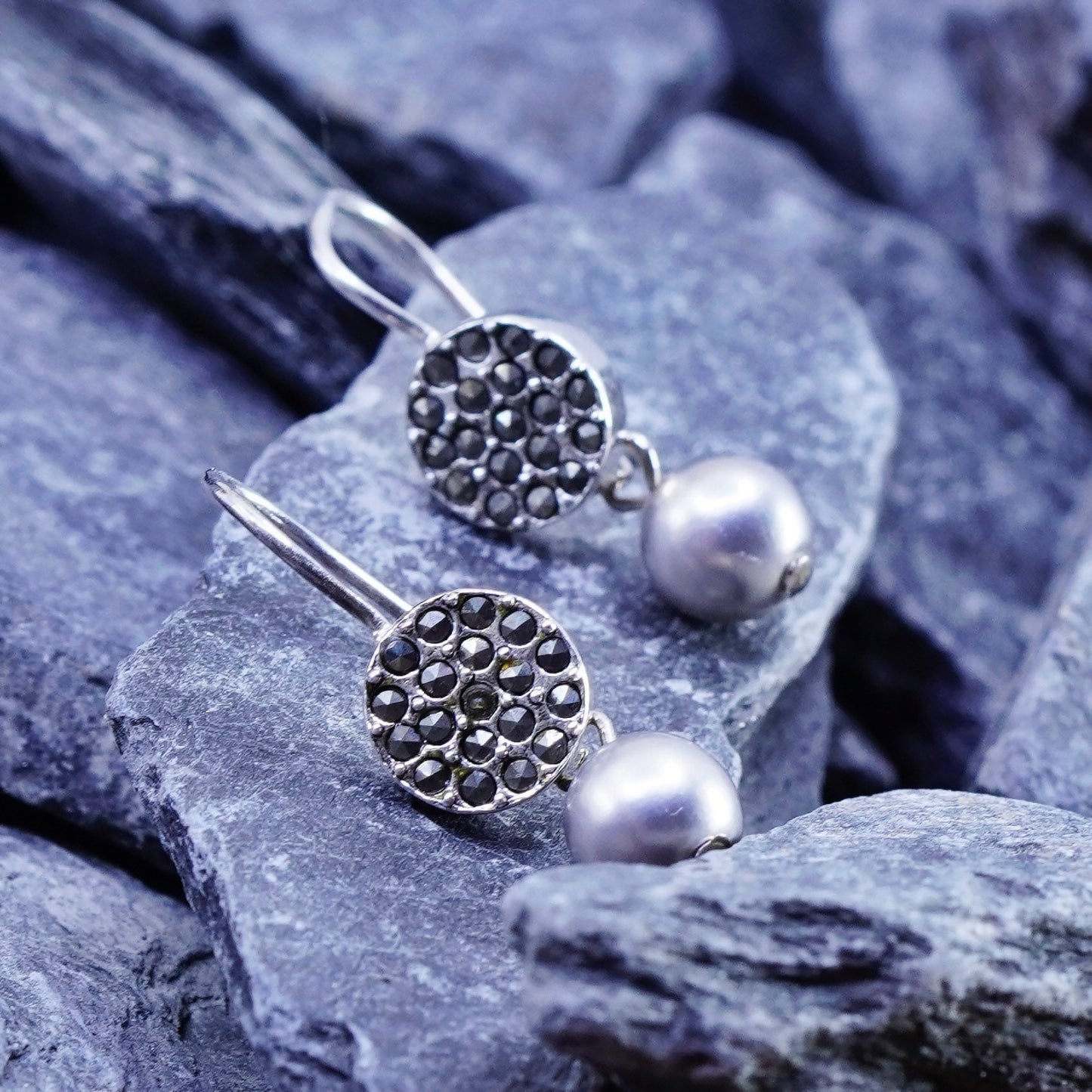 carolee Sterling Silver handmade Earrings. 925 circle with pearl and marcasite