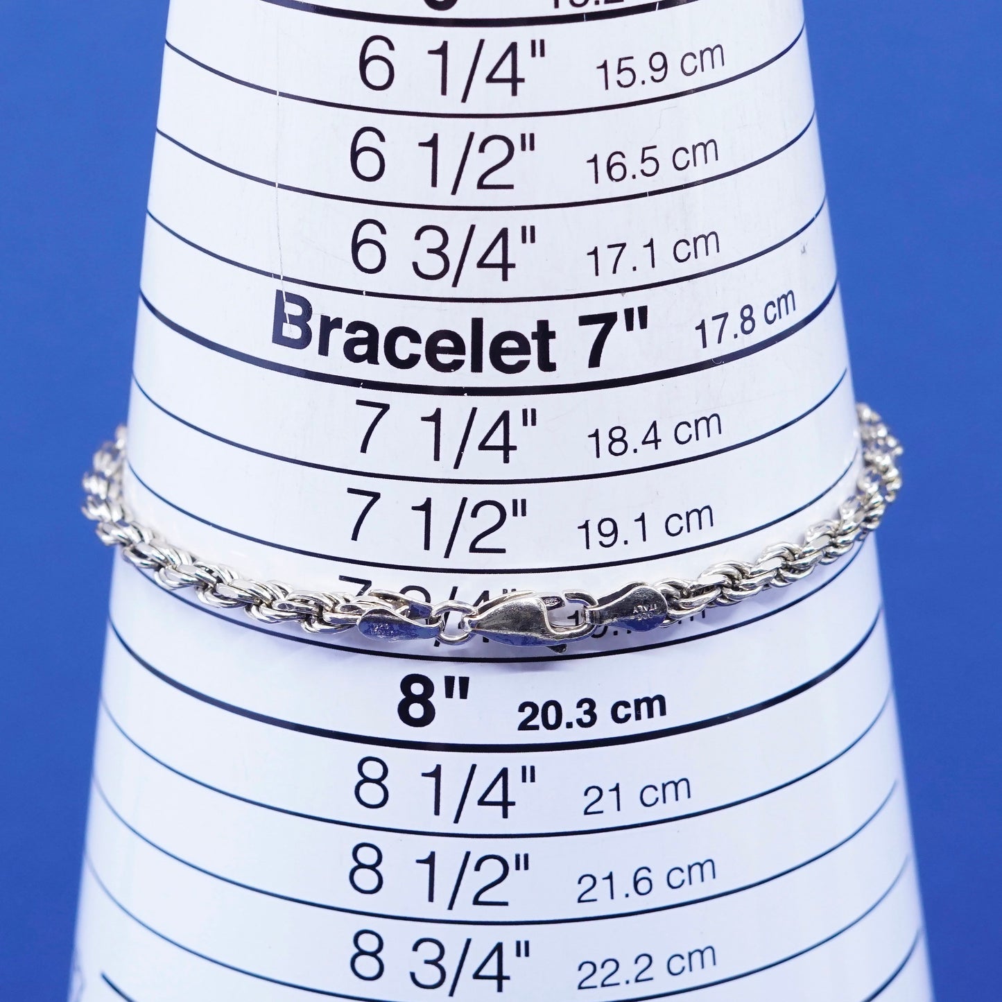 7.75”, 4mm, vintage sterling silver handmade bracelet, 925 diamond rope chain