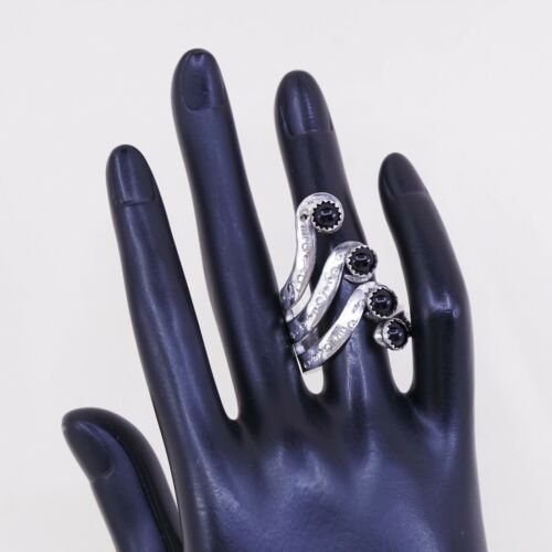 Sz 10 Southwestern Handmade WM Rogers Spoon Ring, Silver Plated Band W Obsidian