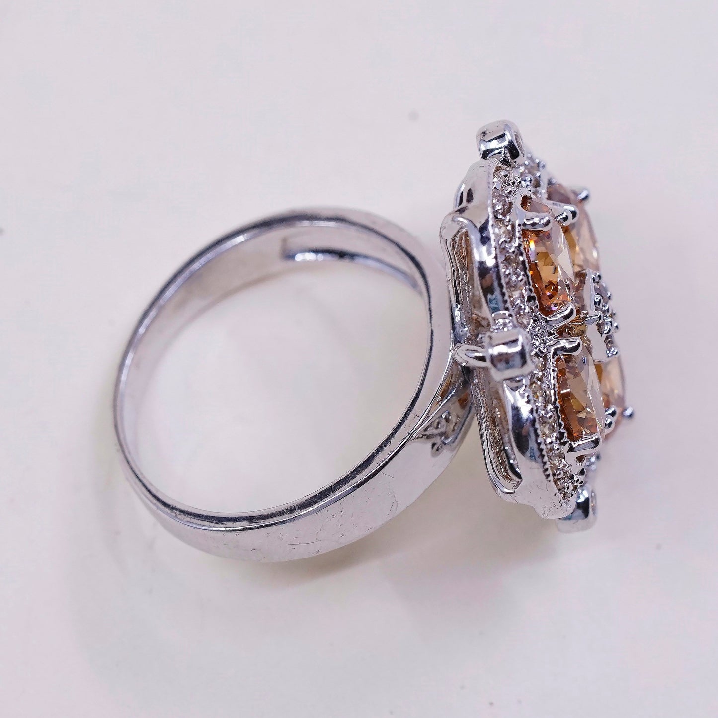 sz 8, vtg sterling 925 silver citrine flower ring, statement, cocktail ring