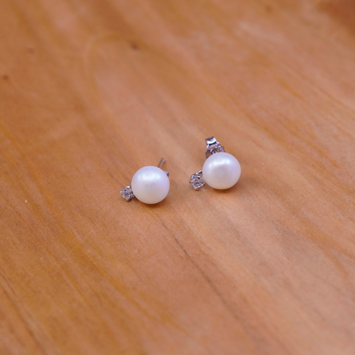 Vintage Sterling silver handmade earrings, 925 pearl studs and Cz