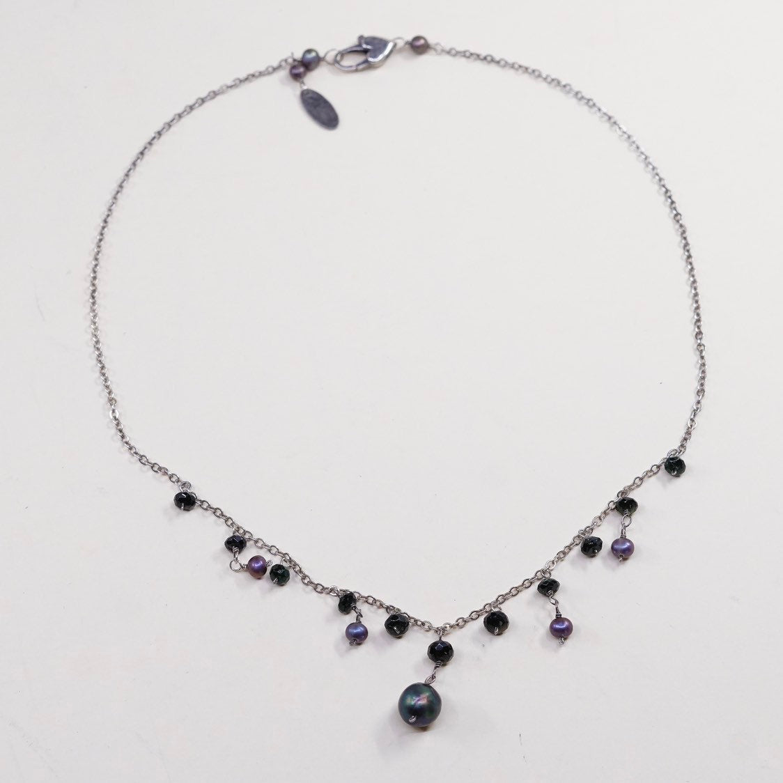 16", lenni navarro black pearl beads necklace, Sterling silver figaro chain