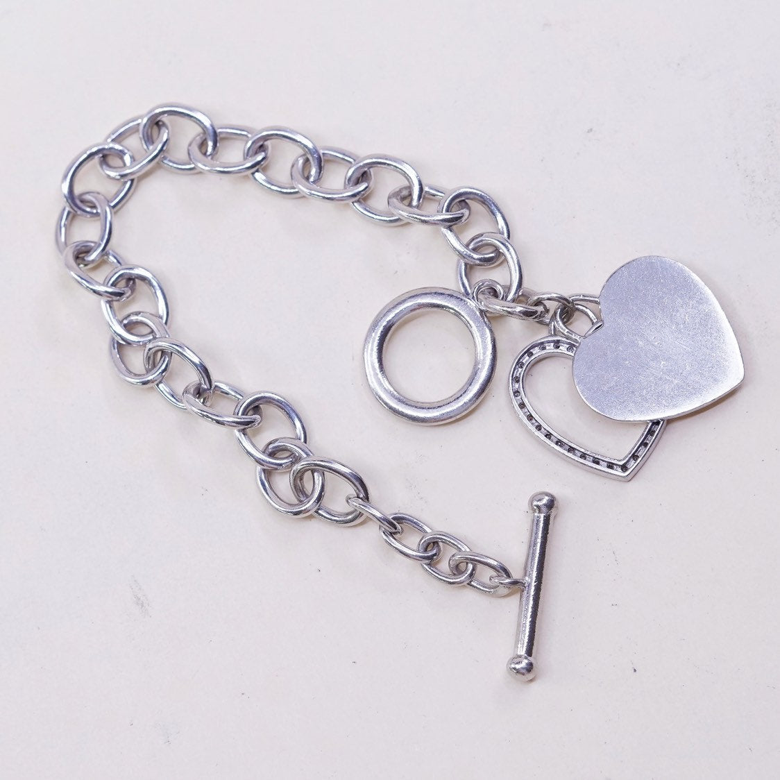 6.75", VTG sterling silver handmade circle bracelet, 925 w/ diamond heart charm