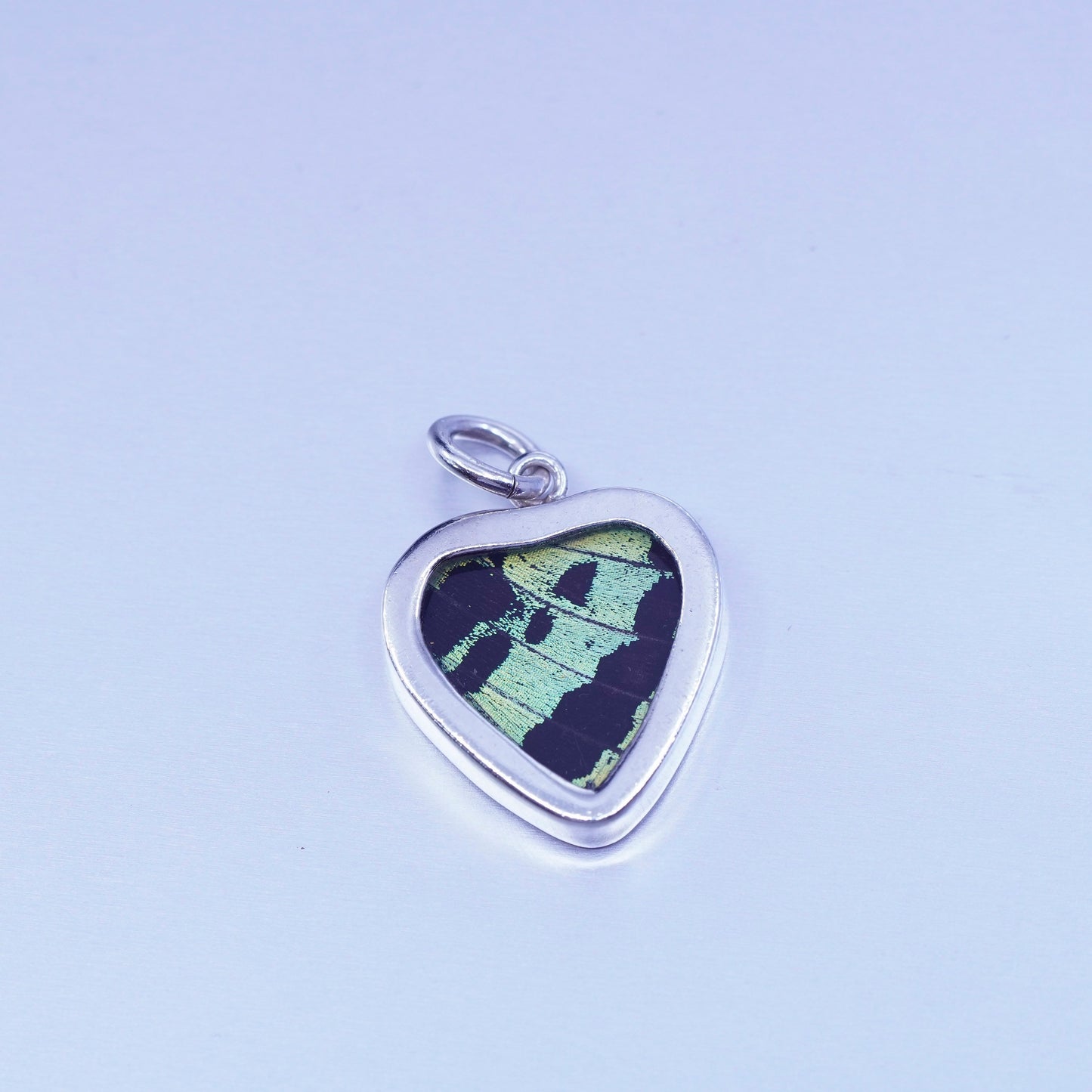 antique sterling 925 silver resin heart double sided pendant w/ butterfly wing