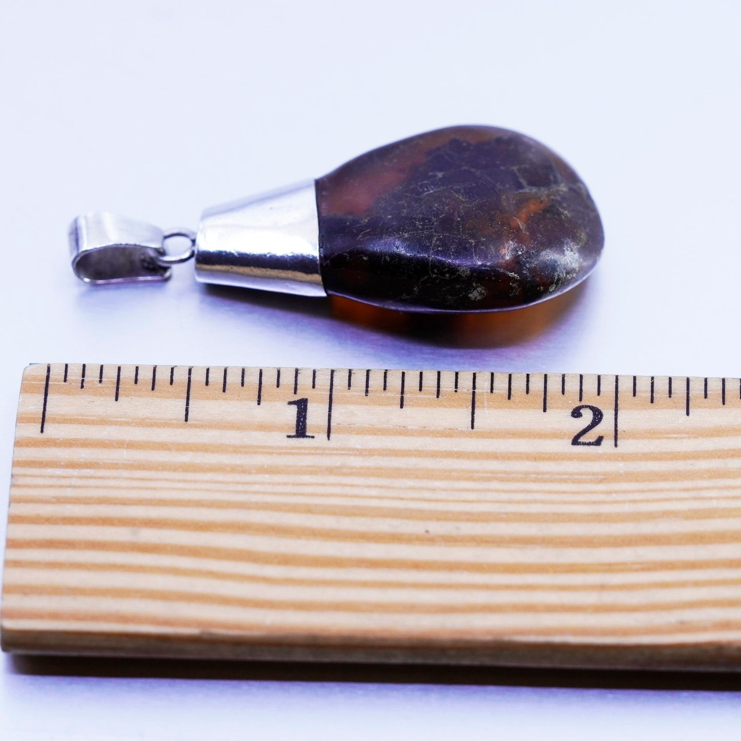 antique sterling 925 silver handmade pendant with teardrop amber
