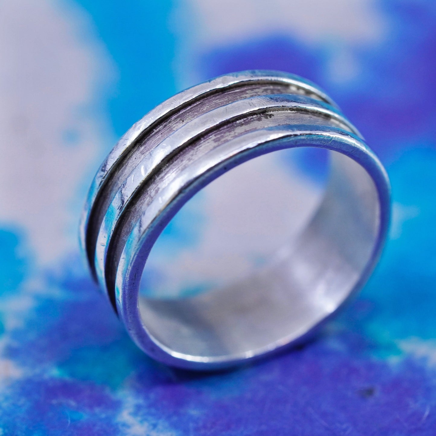 Size 7, vintage Sterling silver handmade ribbed ring, 925 statement band
