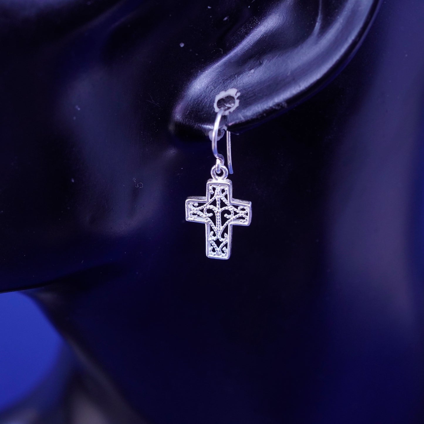 Vintage Sterling silver handmade earrings, 925 Bali filigree cross drops