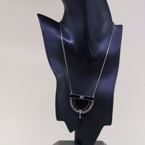 18”, Vtg 1970s UNID Modern Sterling 925 Silver Necklace W/ Obsidian Pendant