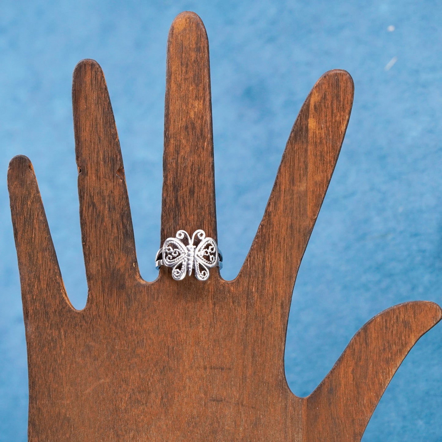 Size 7, vintage sterling silver handmade ring, 925 filigree butterfly band