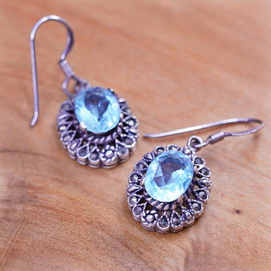Vintage Sterling 925 silver handmade earrings with blue topaz and marcasite