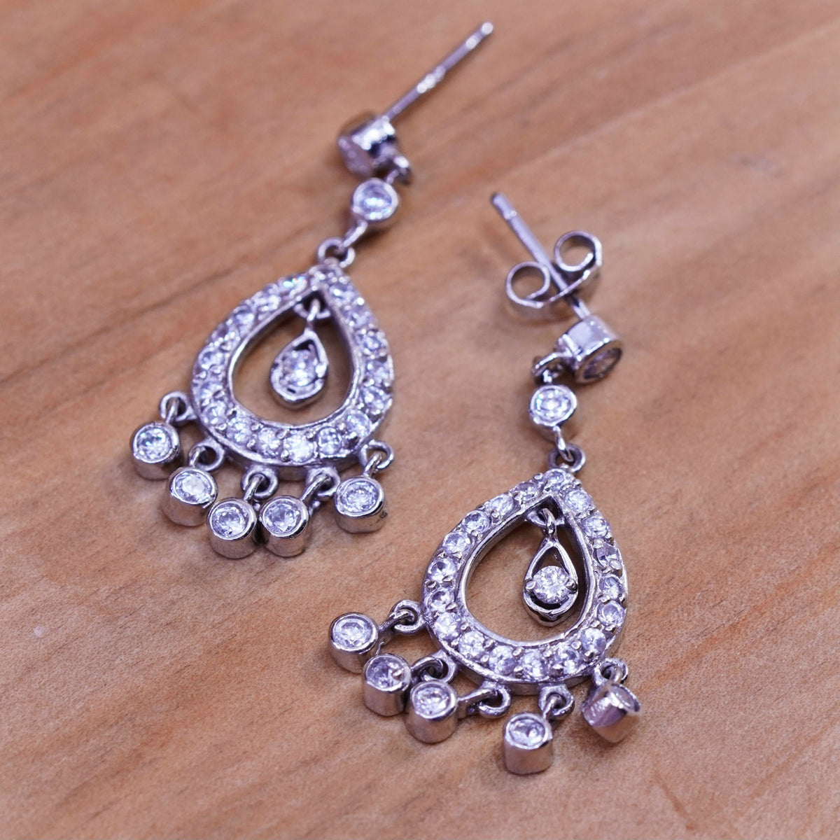 Vintage ATI Sterling silver earrings, 925 teardrops with cluster Cz Around