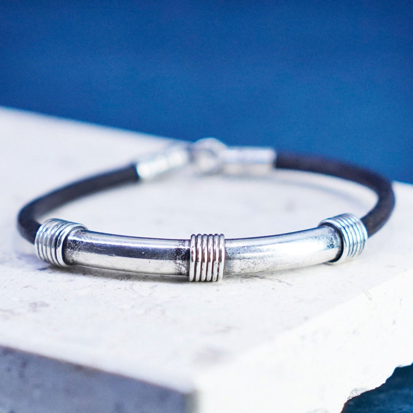 6.5”, Sterling silver handmade bracelet, 925 silver bar black leather chain