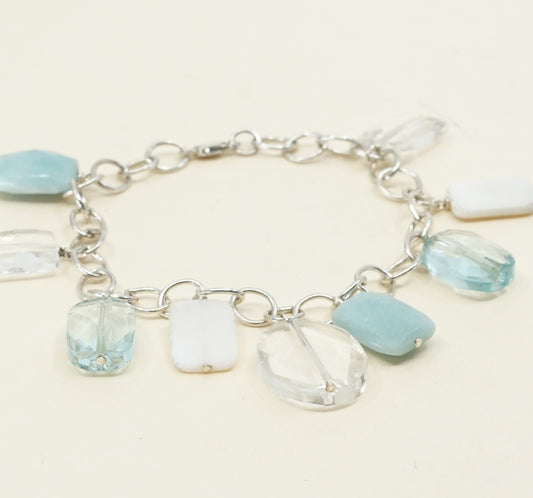 7", Sterling 925 Silver Circle Chain w/ jade and crystal charms, bracelet jade