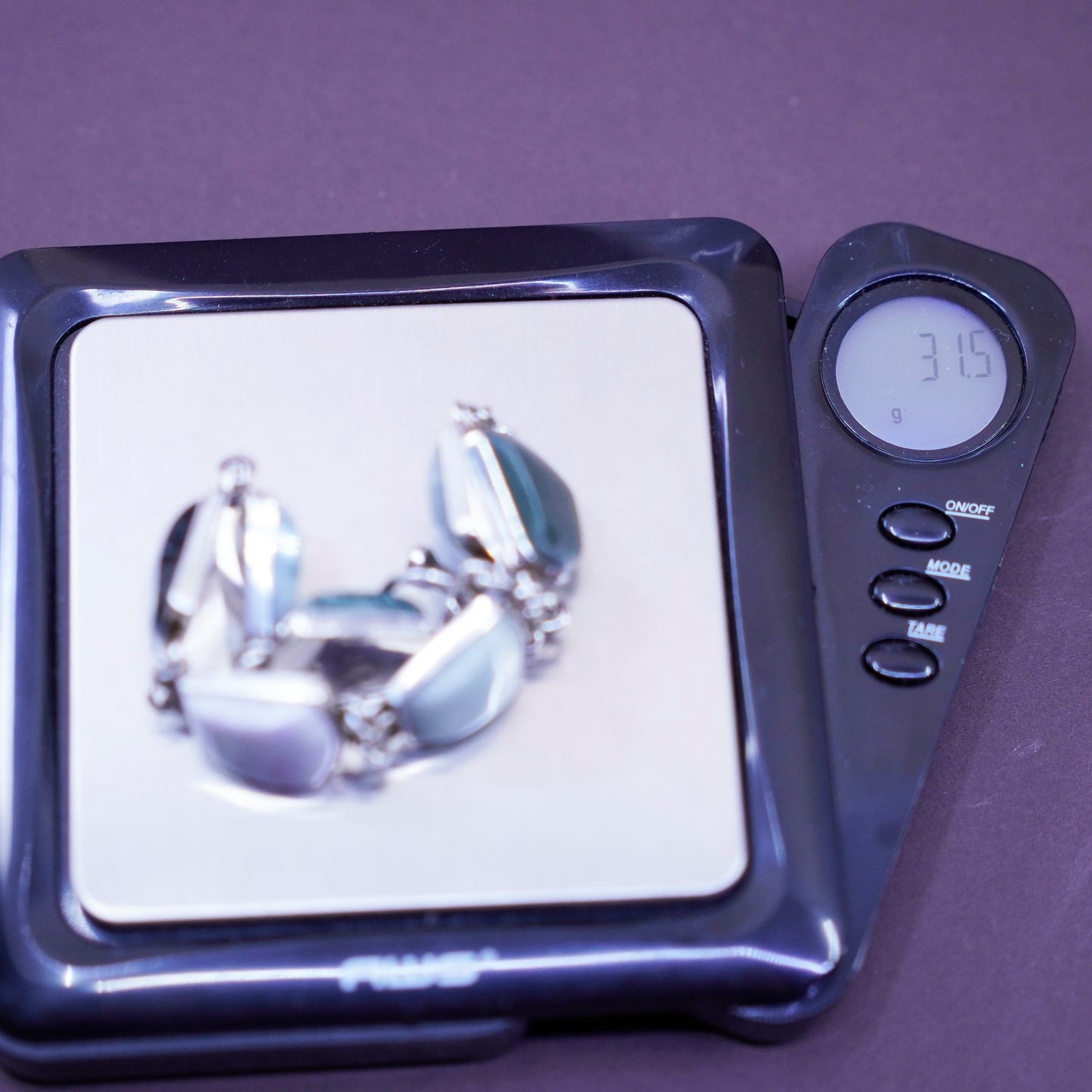 7”, vintage Sterling 925 silver handmade bracelet with various jade carnelian