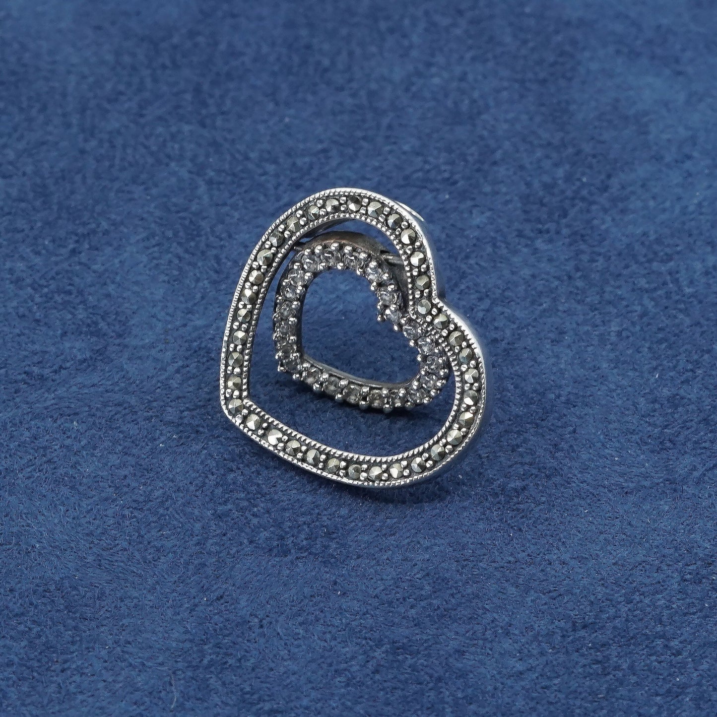 vtg Sterling silver handmade pendant, 925 double heart w/ marcasite N crystal