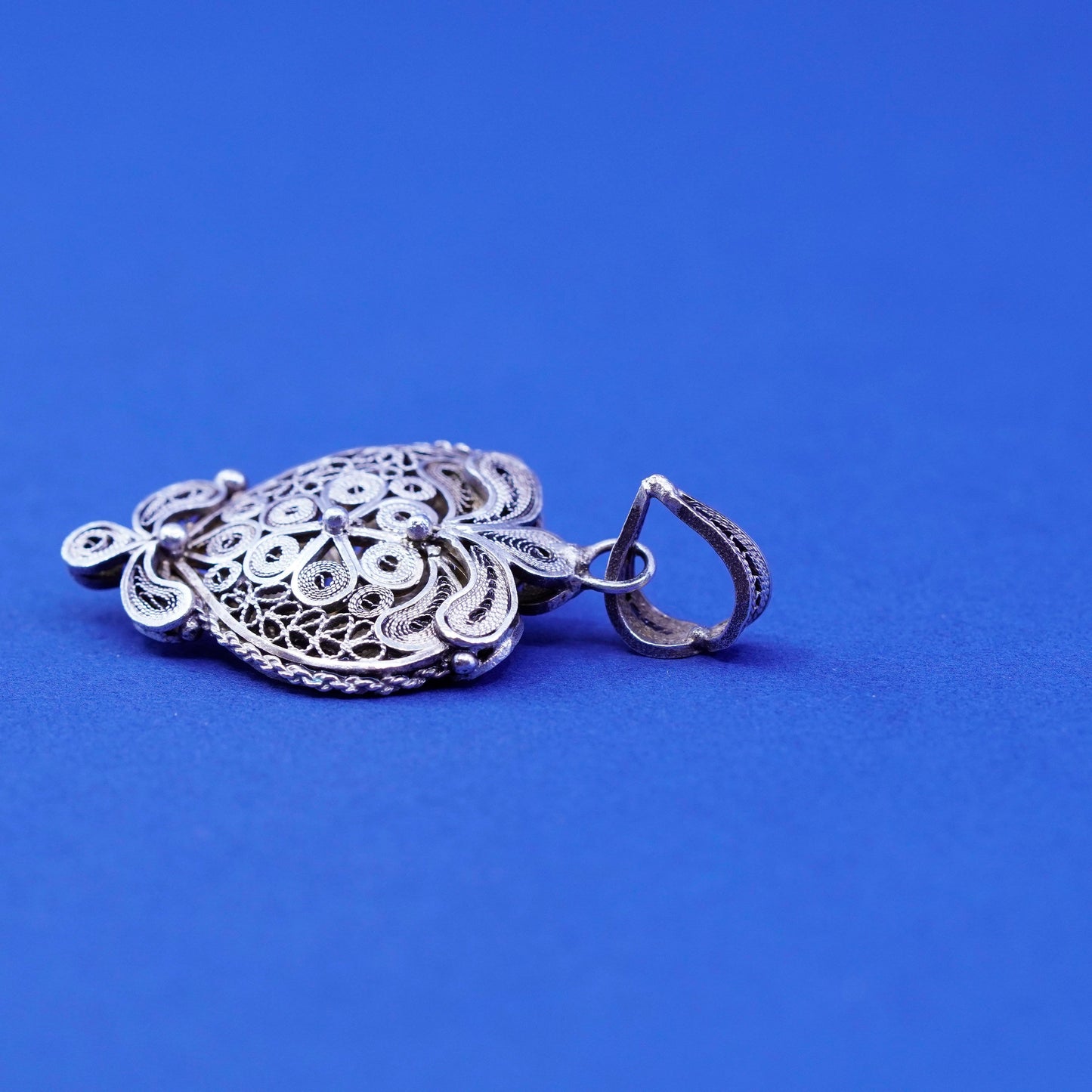 Vintage Sterling silver handmade pendant, puffy 925 filigree heart