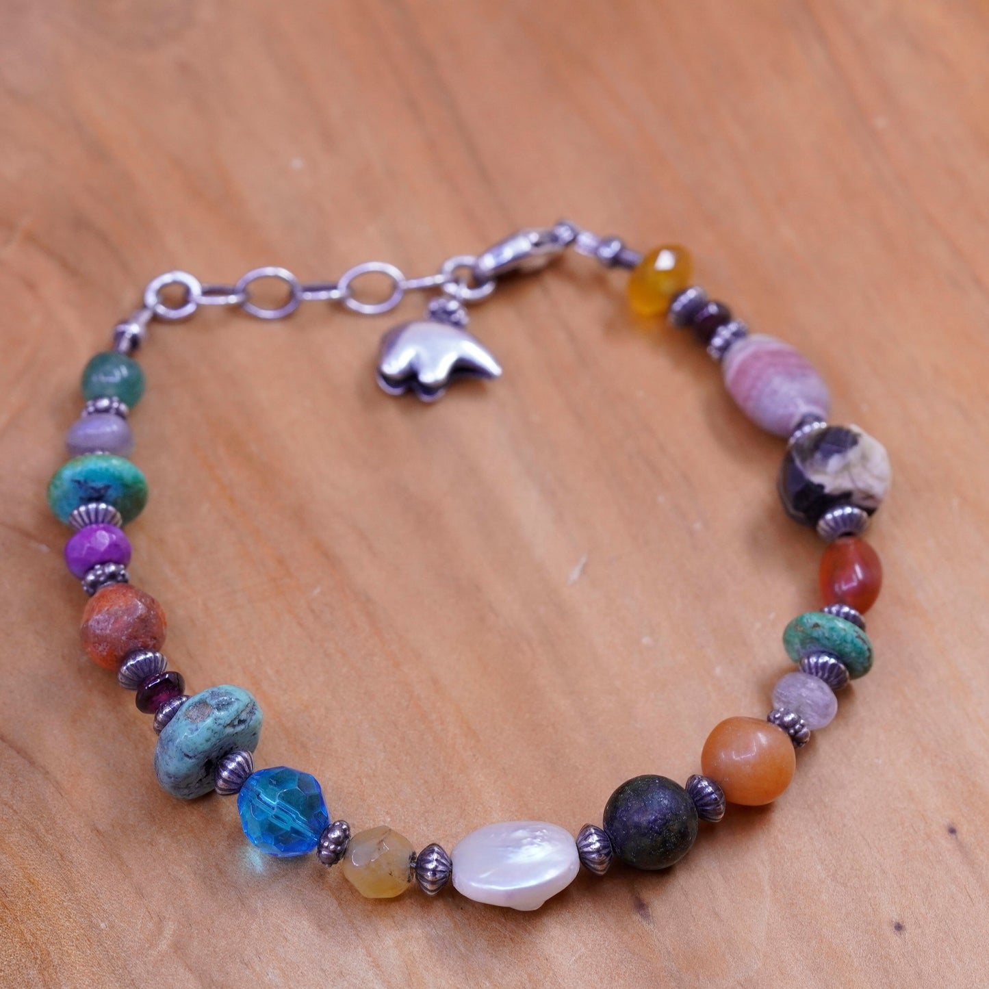 7.75”, sterling silver bracelet turquoise citrine carnelian polar bear charm