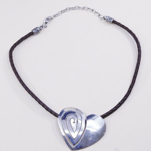14+3” Vtg Sterling 925 Silver Heart Pendant Woven Leather Necklace Choker Collar