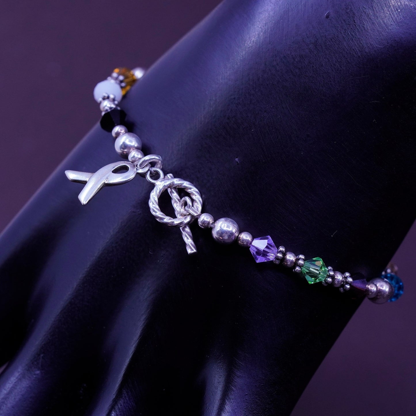 7.25”, handmade pearl beads bracelet crystal Sterling 925 silver ribbon charm