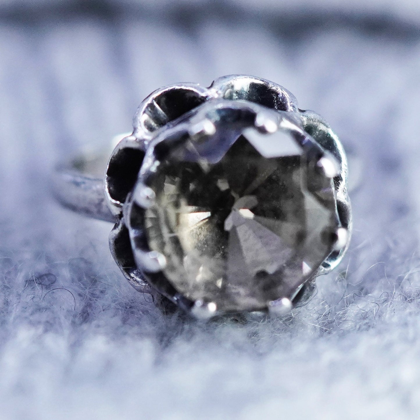 Size 5.5, vintage Sterling 925 silver handmade crown ring with smoky quartz