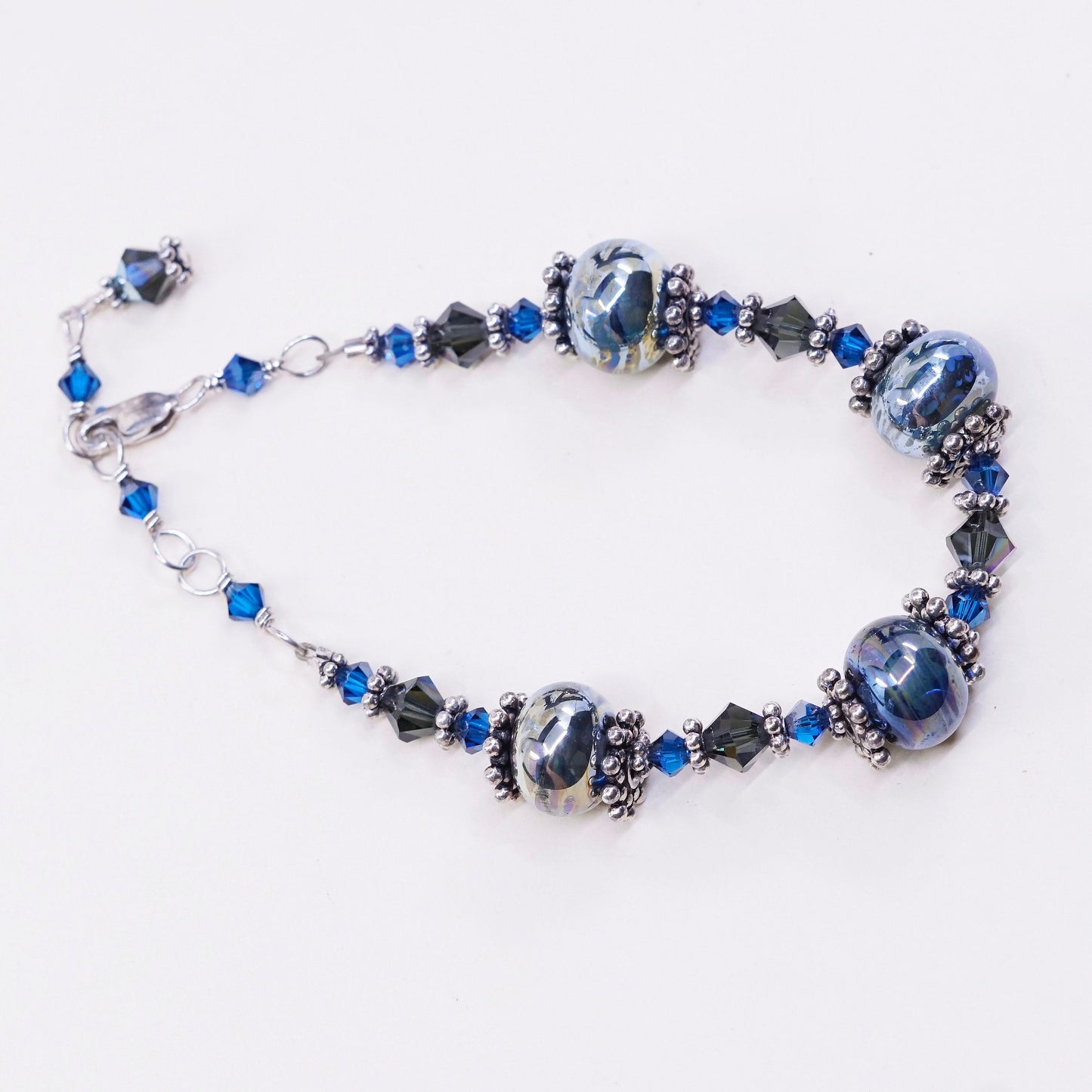 6.5+1”, vtg Sterling silver handmade bracelet, 925 beads w/ blue crystal beads