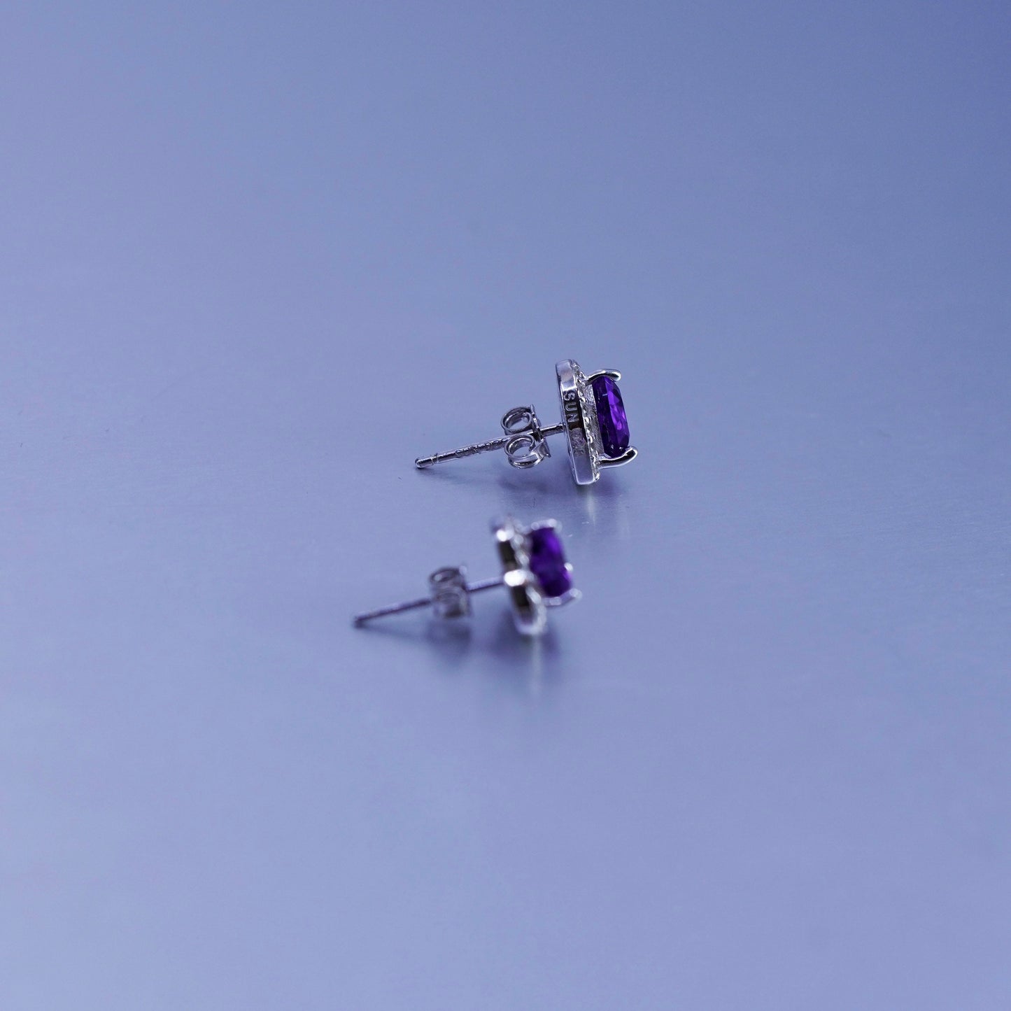 Vintage Sterling 925 silver earrings, studs with heart amethyst and cz around