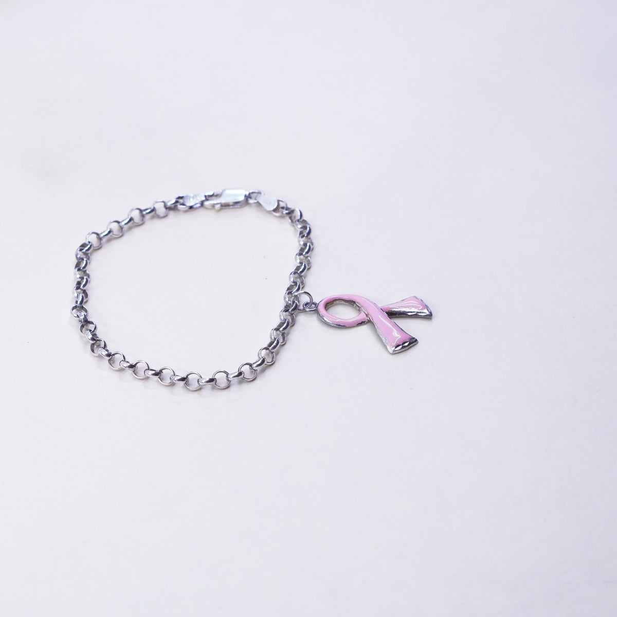 6.5” sterling 925 silver bracelet, circle chain ribbon breast cancer survivor