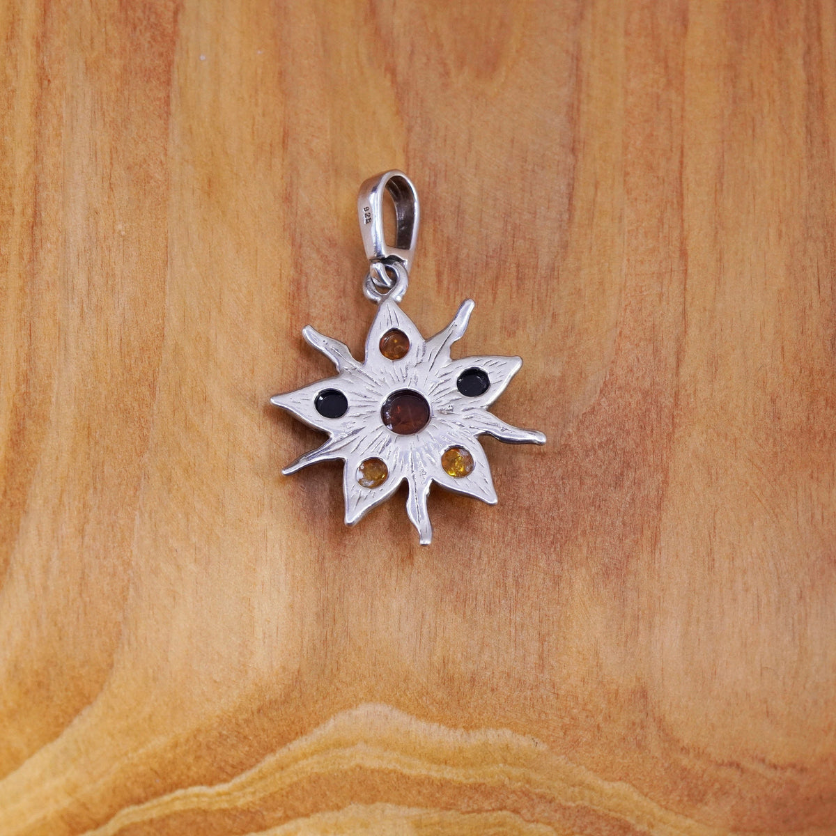 Vintage Sterling 925 silver handmade Sun flower charm pendant with Amber