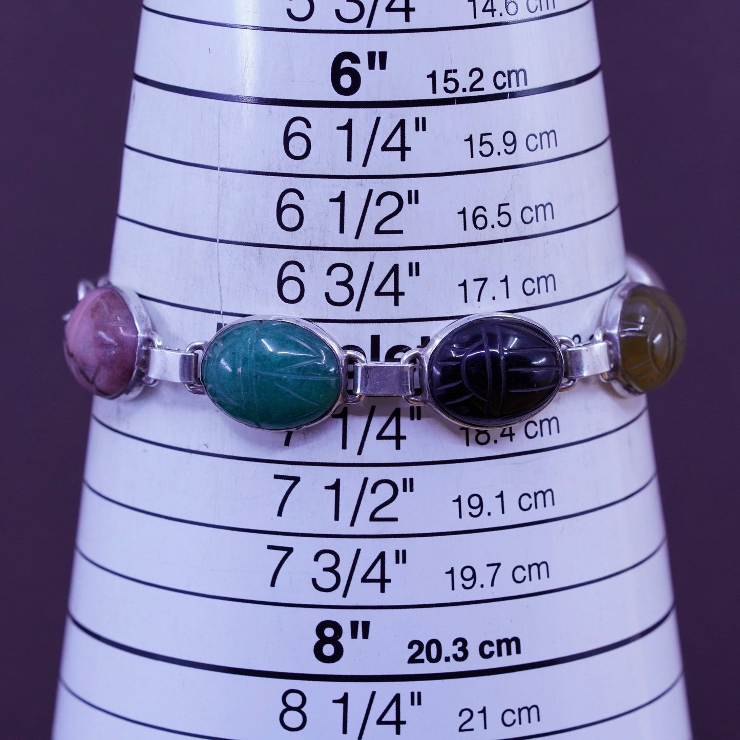7”, sterling 925 silver handmade carved bracelet jasper obsidian jade quartz