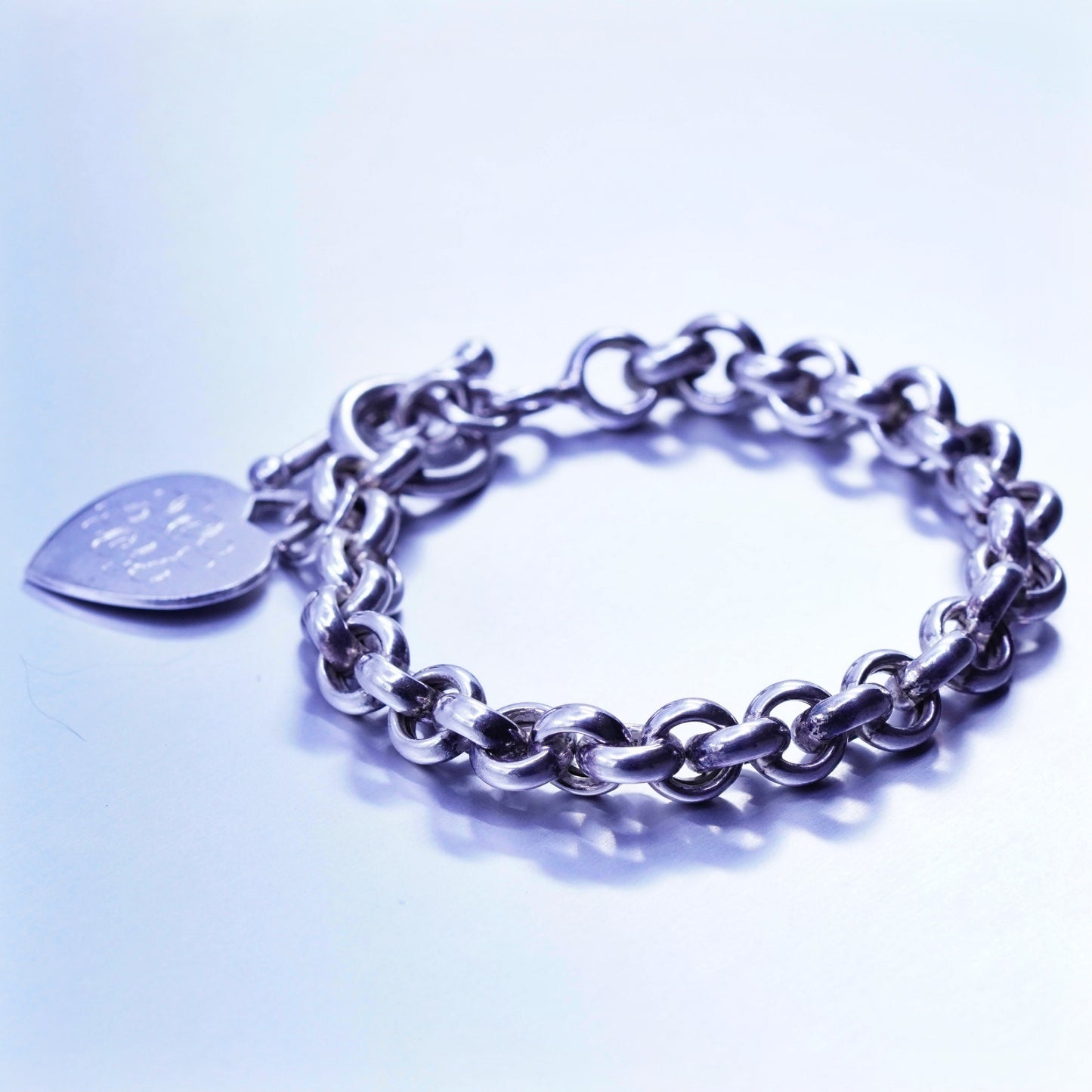 6.5”, Sterling silver bracelet 925 bold circle chain monogram “BEL” heart charm