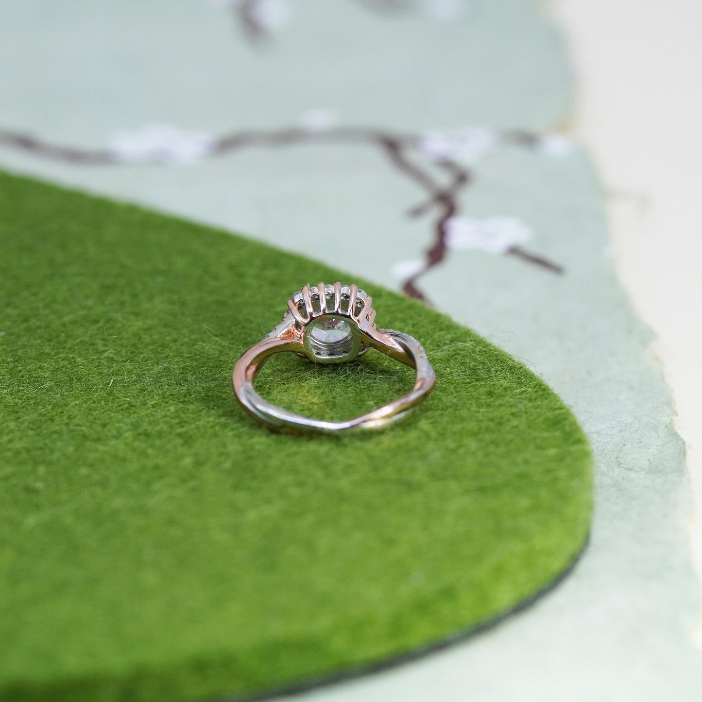 Size 6, two tone Sterling 925 silver engagement ring with emerald CZ cluster cz