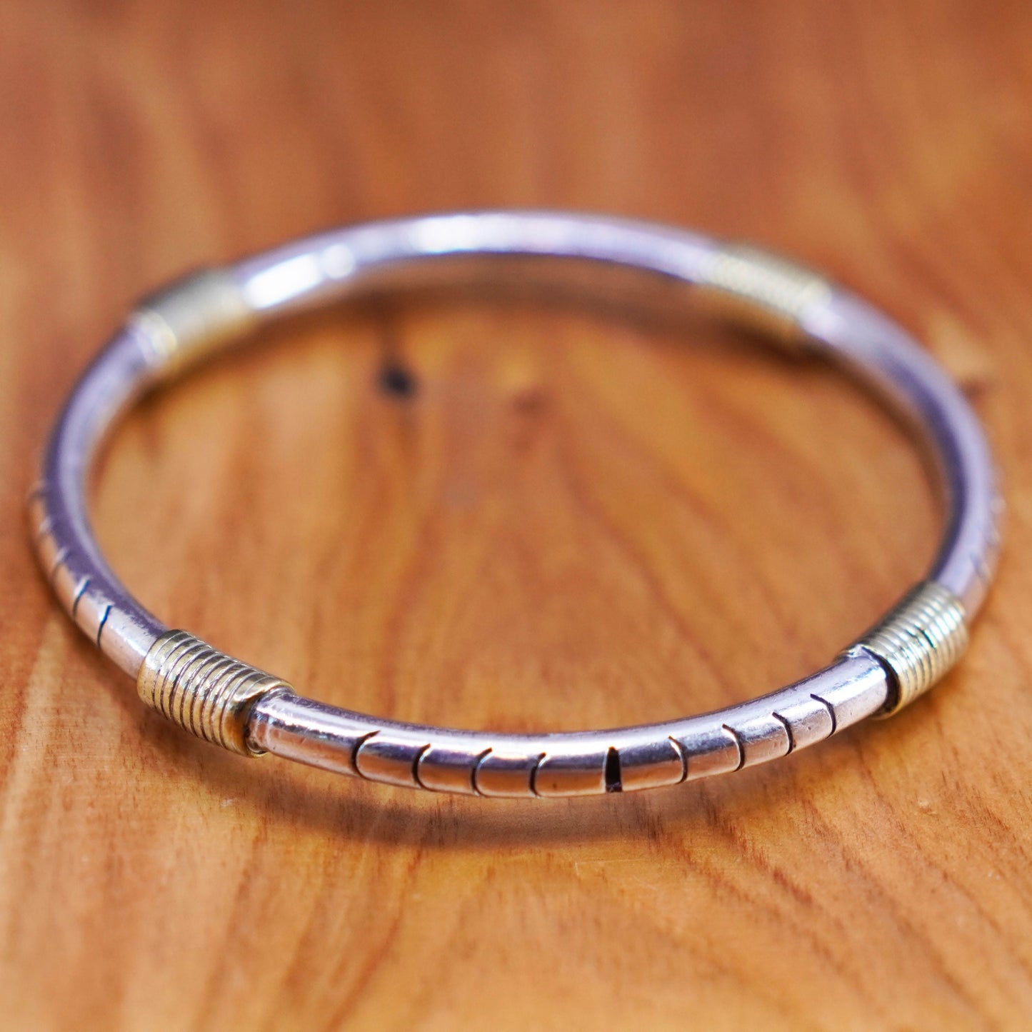 8”, antique two tone sterling silver bracelet, 925 textured bangle brass wires