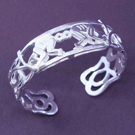 7”, Vintage Mexico Sterling silver handmade bracelet, wide 925 cuff w/ monkeys