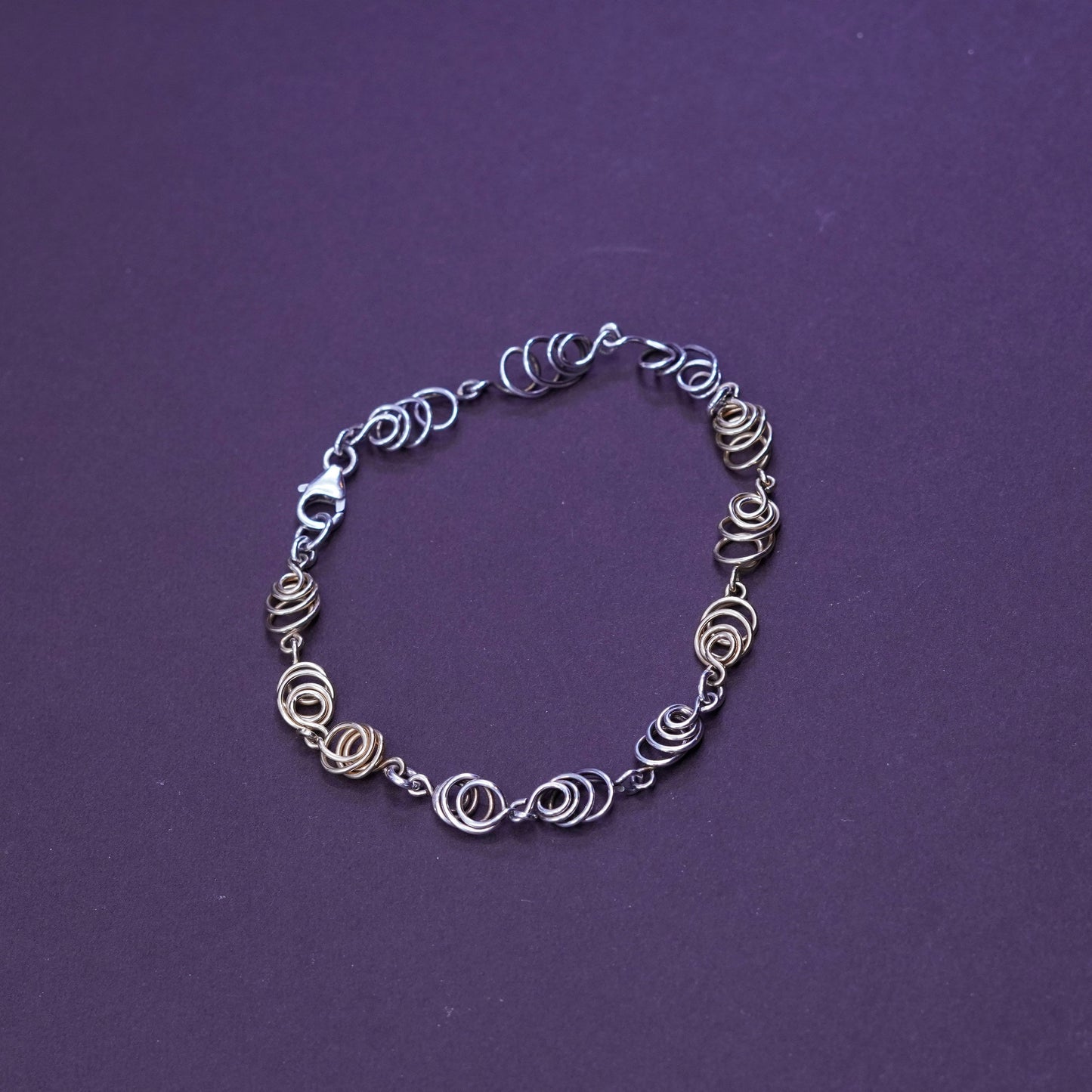 7.75”, vintage two tone Sterling silver handmade bracelet, 925 swirl link chain