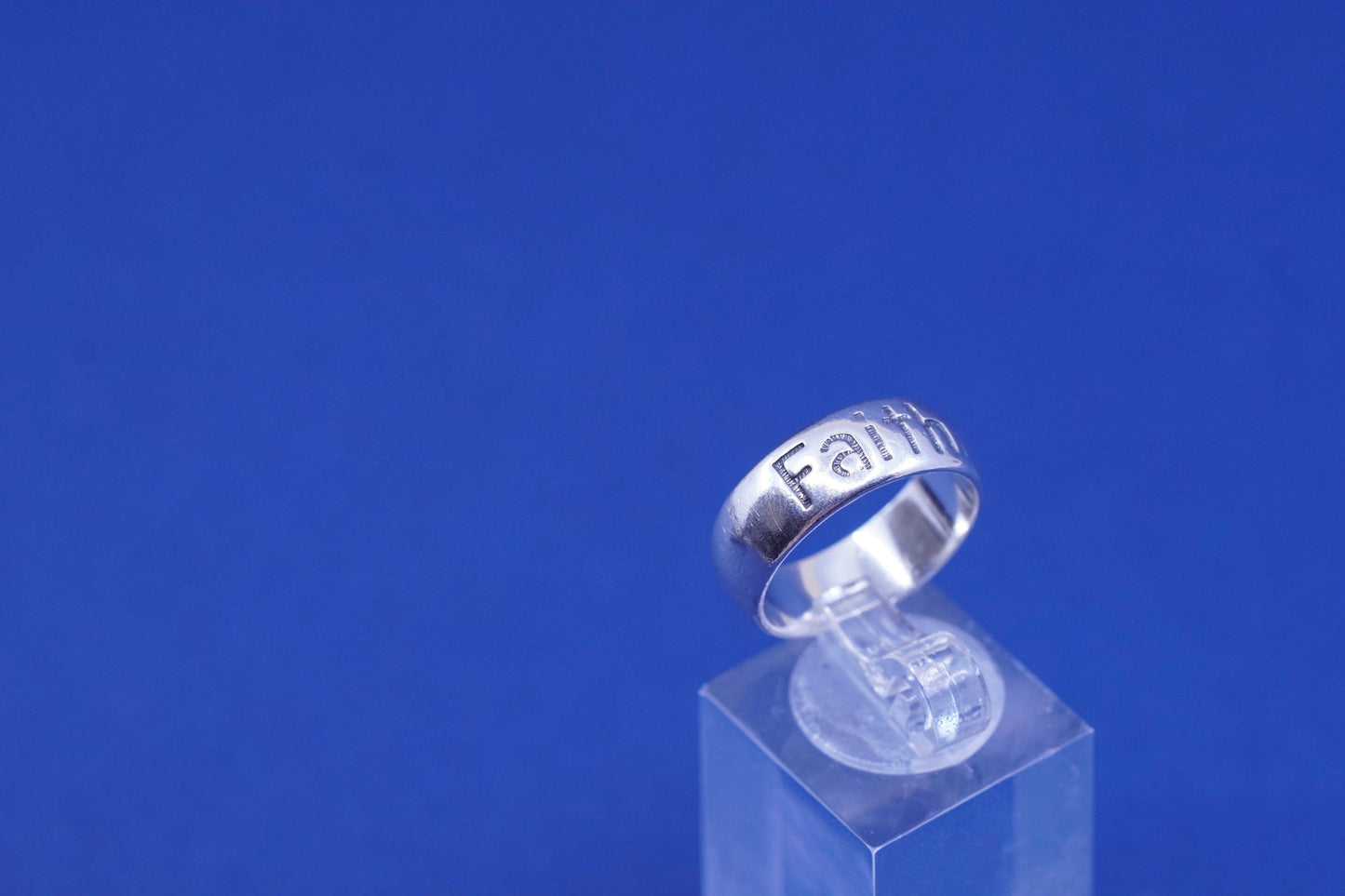 Size 7, vtg shube sterling silver handmade ring, 925 band with faith embossed