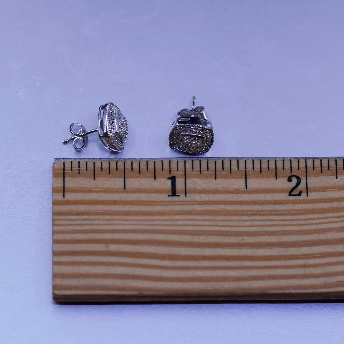 Vintage Sterling 925 silver earrings, square studs with diamond details