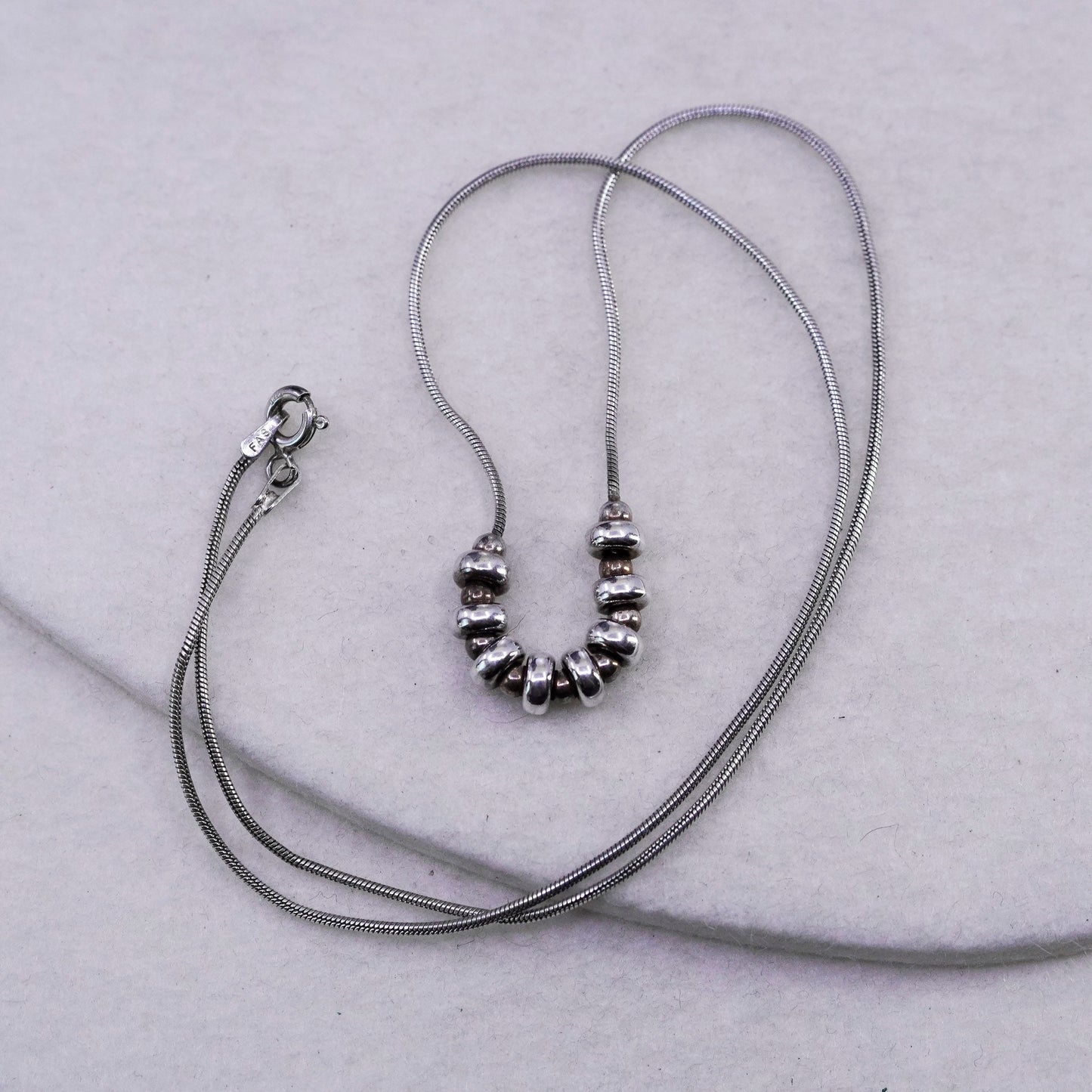 18”, vintage Sterling 925 silver handmade snake necklace with beads pendant