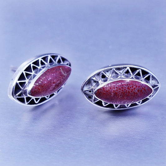 Vintage Sterling 925 silver handmade earrings, filigree Marquise studs coral