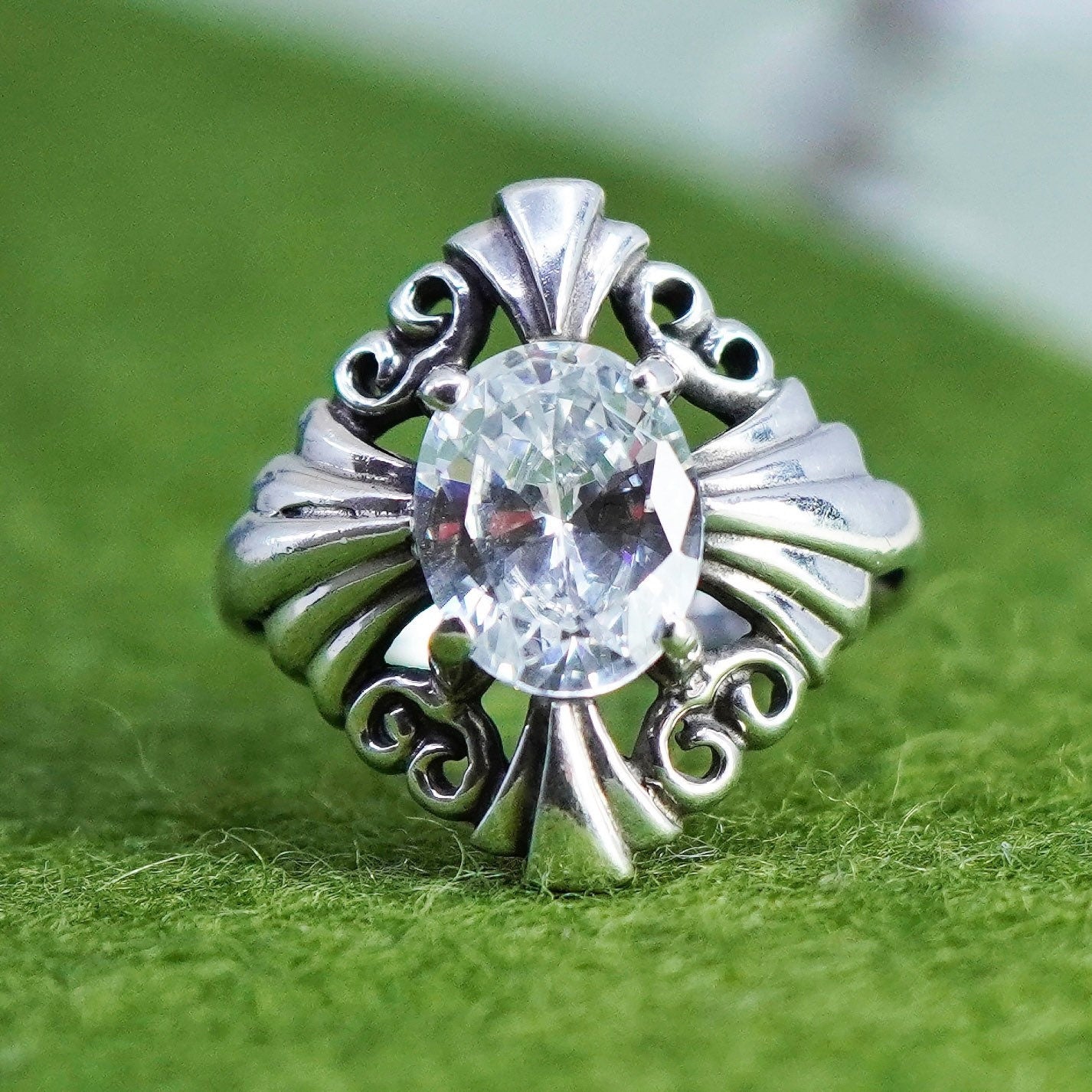 Size 6.25, vintage Kabana 925 silver handmade flower ring with cz