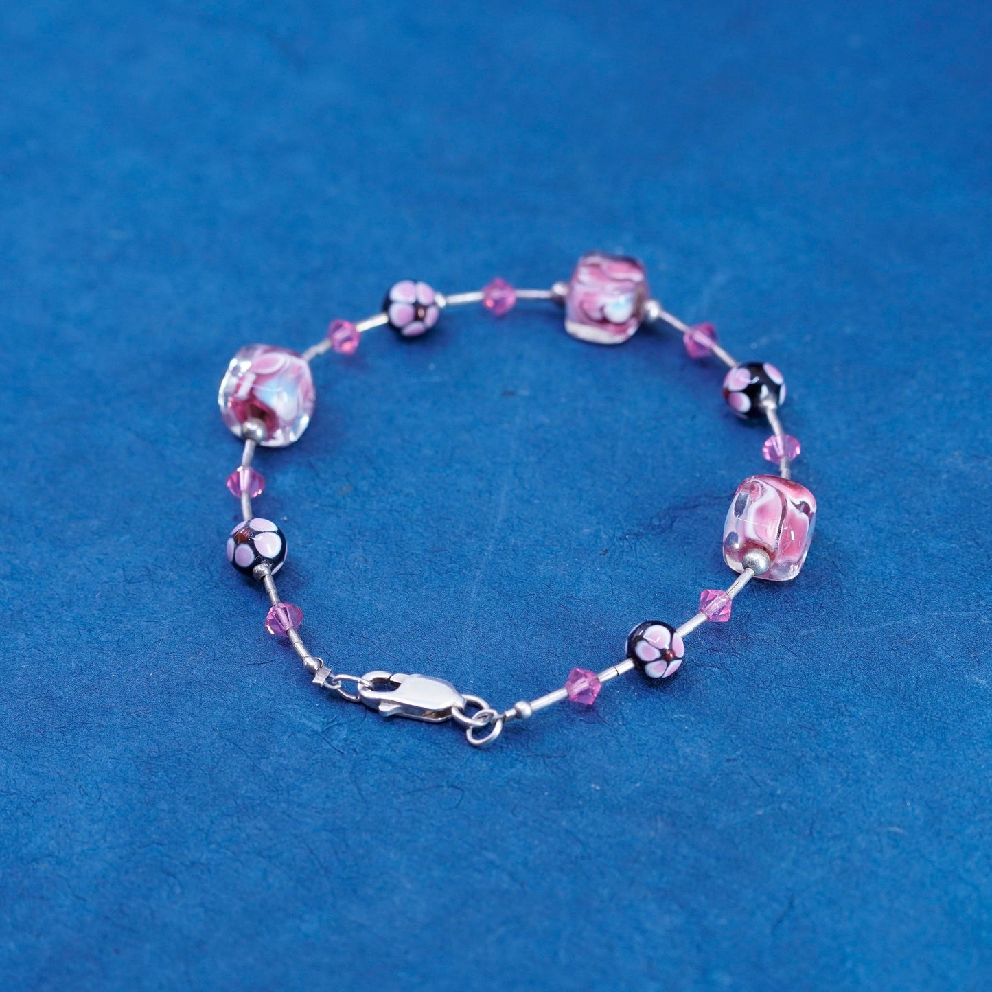 7”, Vintage handmade sterling silver bracelet with crystal and pink glass beads