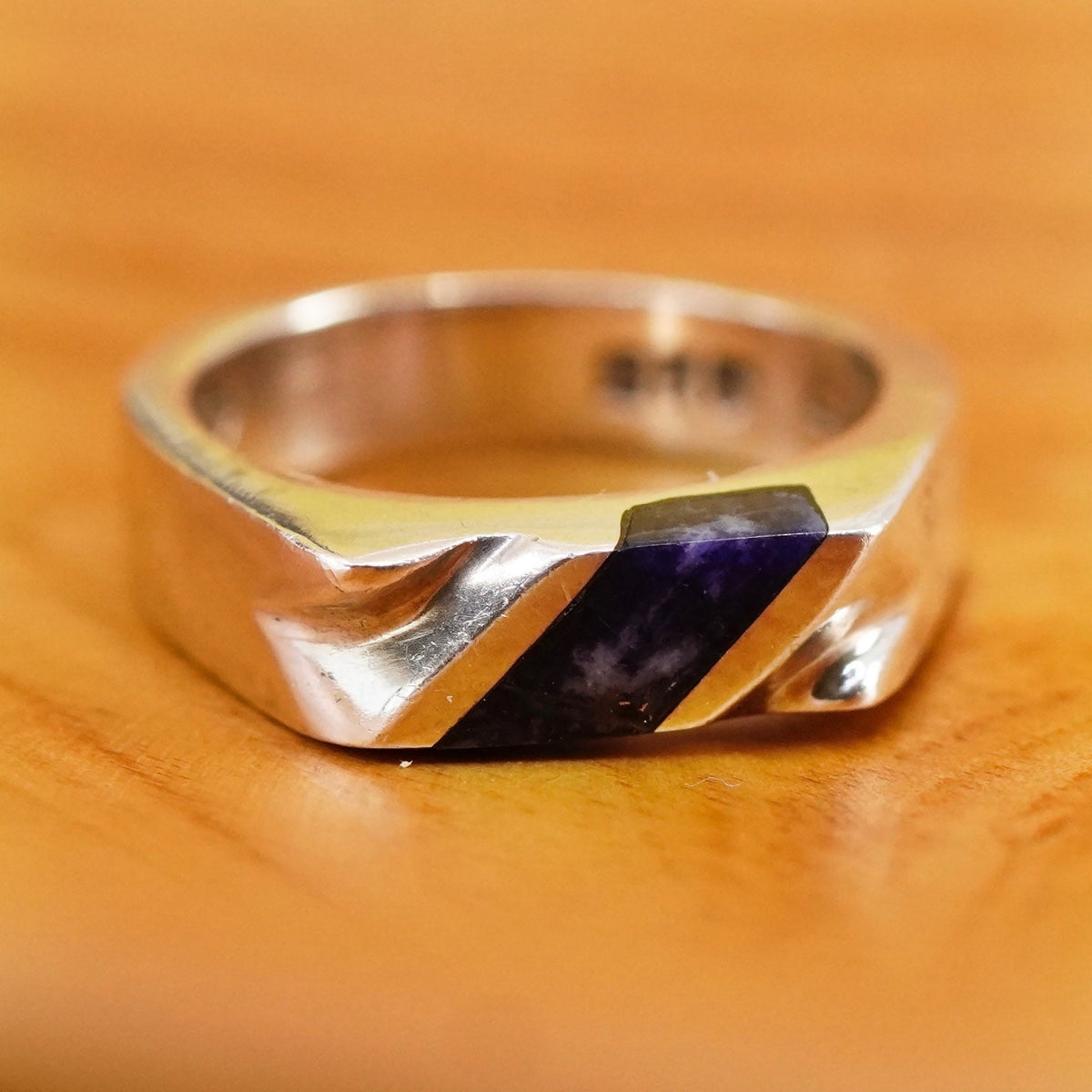 Size 5.75, vintage modern Sterling 925 silver handmade band ring lapis lazuli
