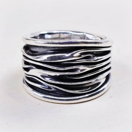 Size 8, Vtg Oxidized Mexico Sterling 925 Silver Handmade Wrinkly Ring Band