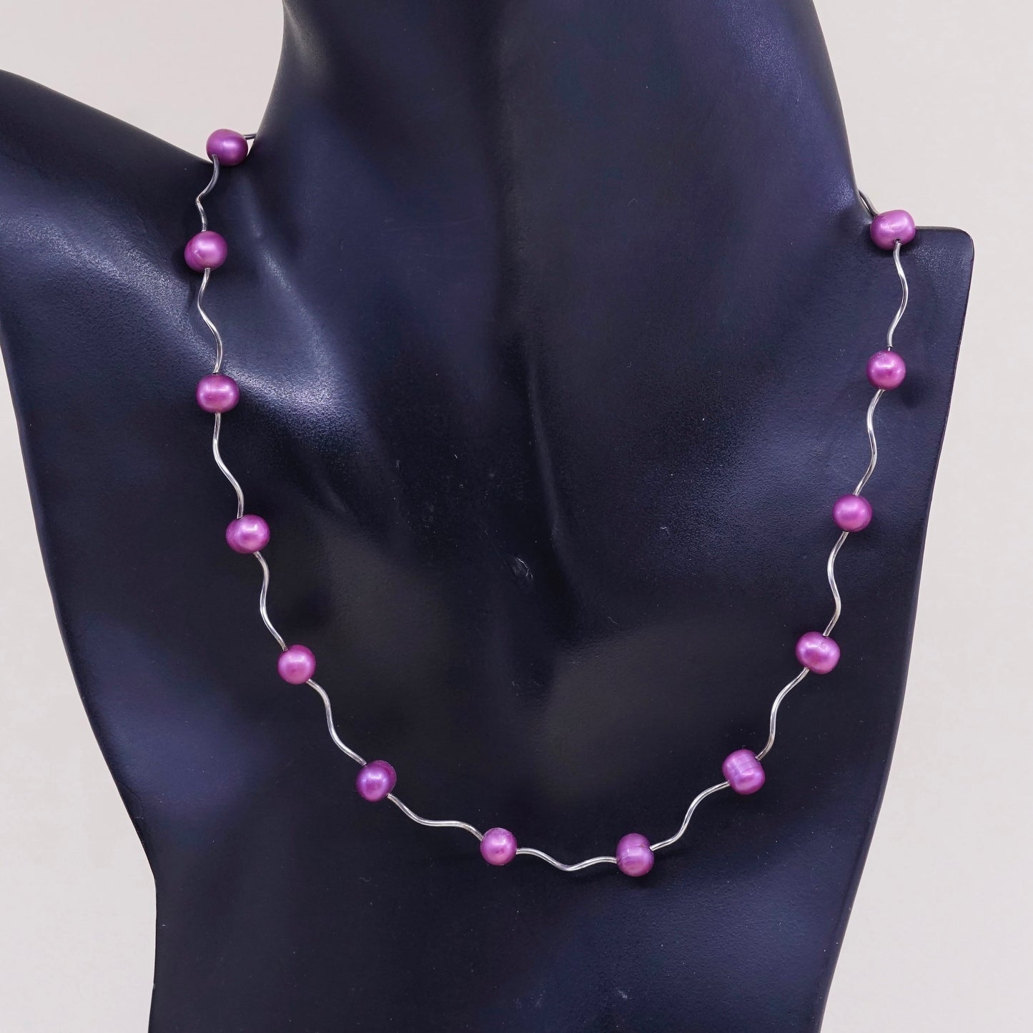 16”+2”, vtg Sterling silver handmade necklace, 925 liquid chain W/ pink pearl
